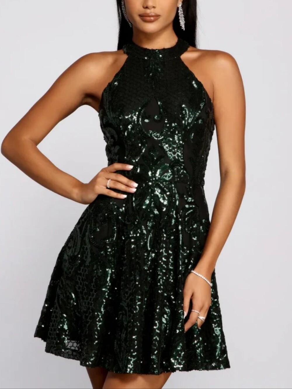 Windsor Emerald Green Sequin Tiered Mini Dress